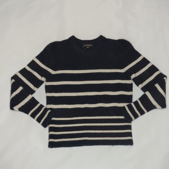NWT Banana Republic stripe sweater navy white puff sleeve alpaca sweater - Picture 5 of 13